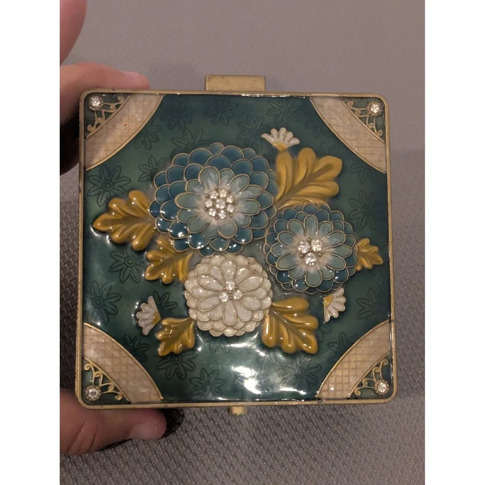 Vintage Enamel Floral Trinket Box Teal Rhinestone Inlay Mirrored Jewelry Case